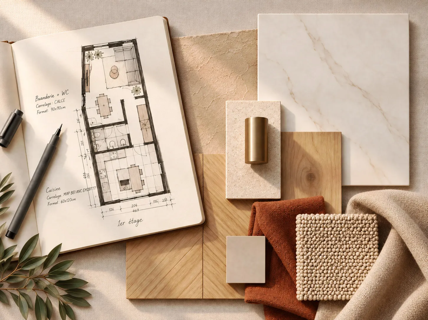 Planche de tendances composée par Jonna : échantillons de bois, pierre, textile et laiton, plan dessiné à la main