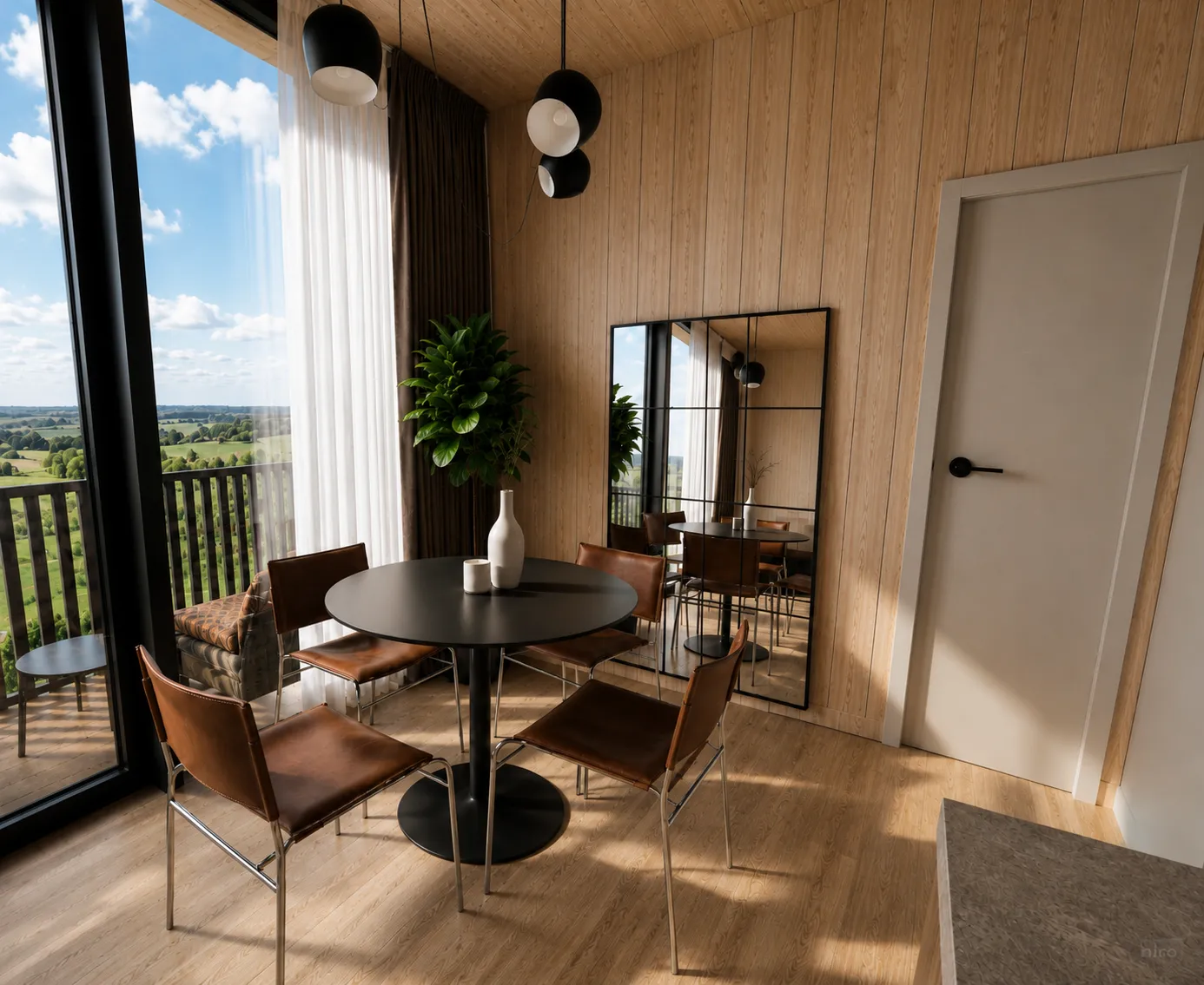 Visualisation 3D – séjour de la cabane Londra : table ronde noire, chaises en cuir cognac et parois en bois clair