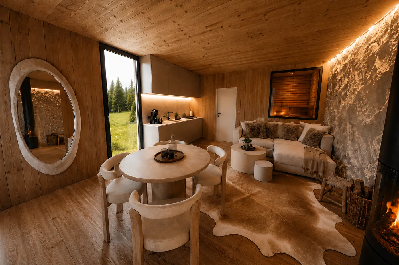 Visualisation 3D – séjour de la cabane Zermatt : bois clair, table ronde, canapé crème et tapis en peau