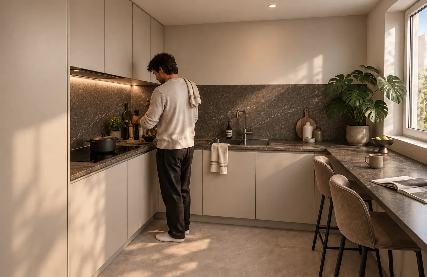Visualisation 3D – cuisine : façades beige sans poignées et crédence en pierre sombre