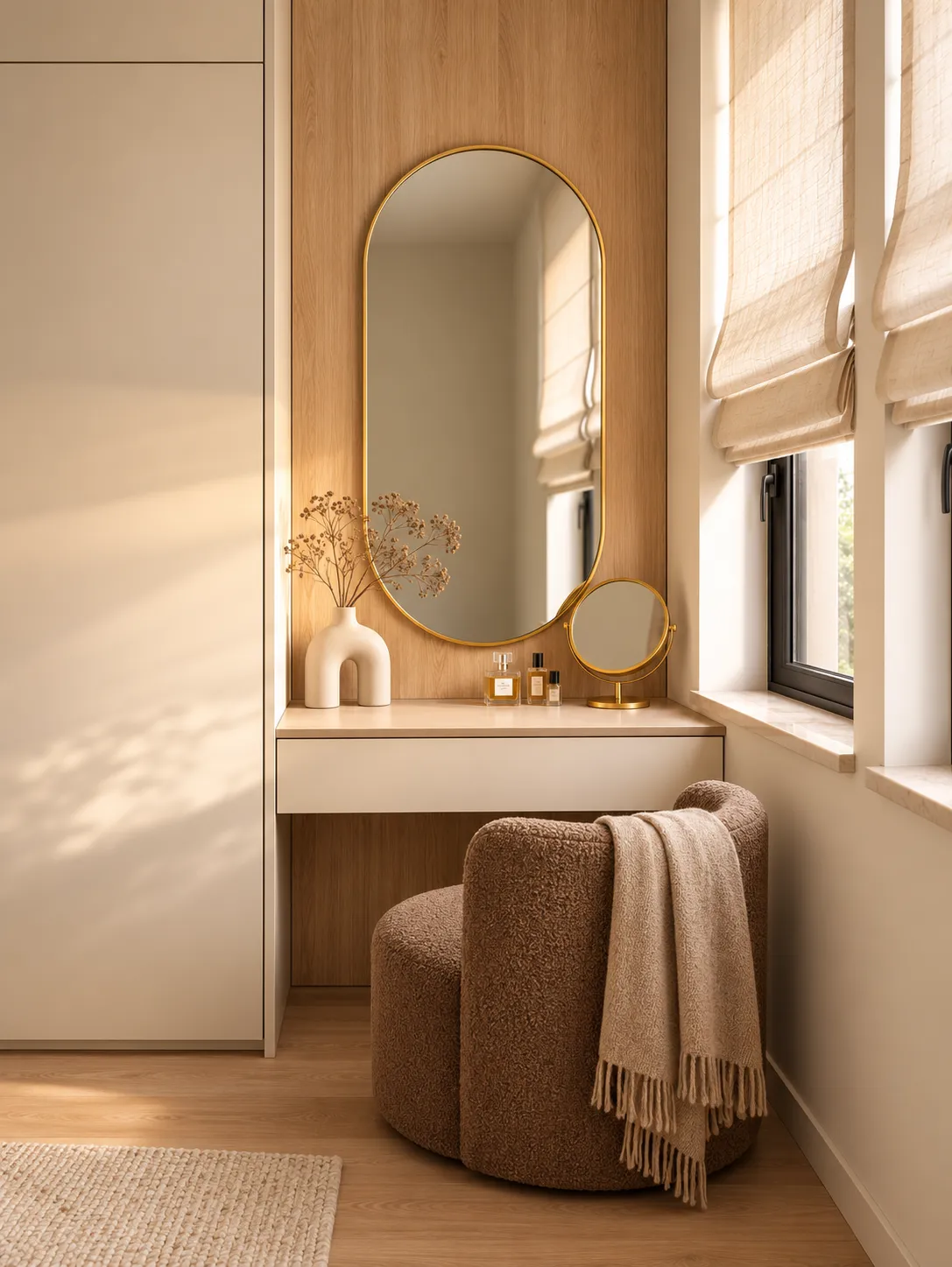 Visualisation 3D – coiffeuse sur mesure du projet Empreinte à Eupen : niche en bois clair, miroir arrondi en laiton et fauteuil bouclette