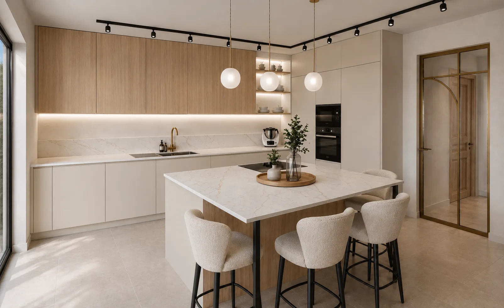 Visualisation 3D – cuisine du projet Empreinte à Eupen : îlot en céramique effet marbre, façades magnolia mates et chêne doré
