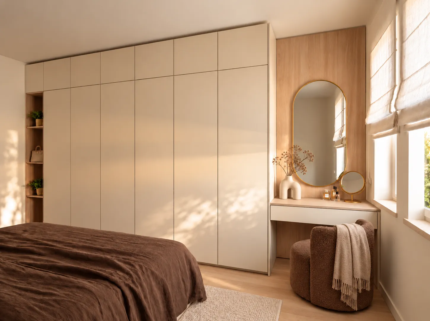 Visualisation 3D – dressing du projet Empreinte à Eupen : armoires sur mesure aux façades crème et niche en bois clair