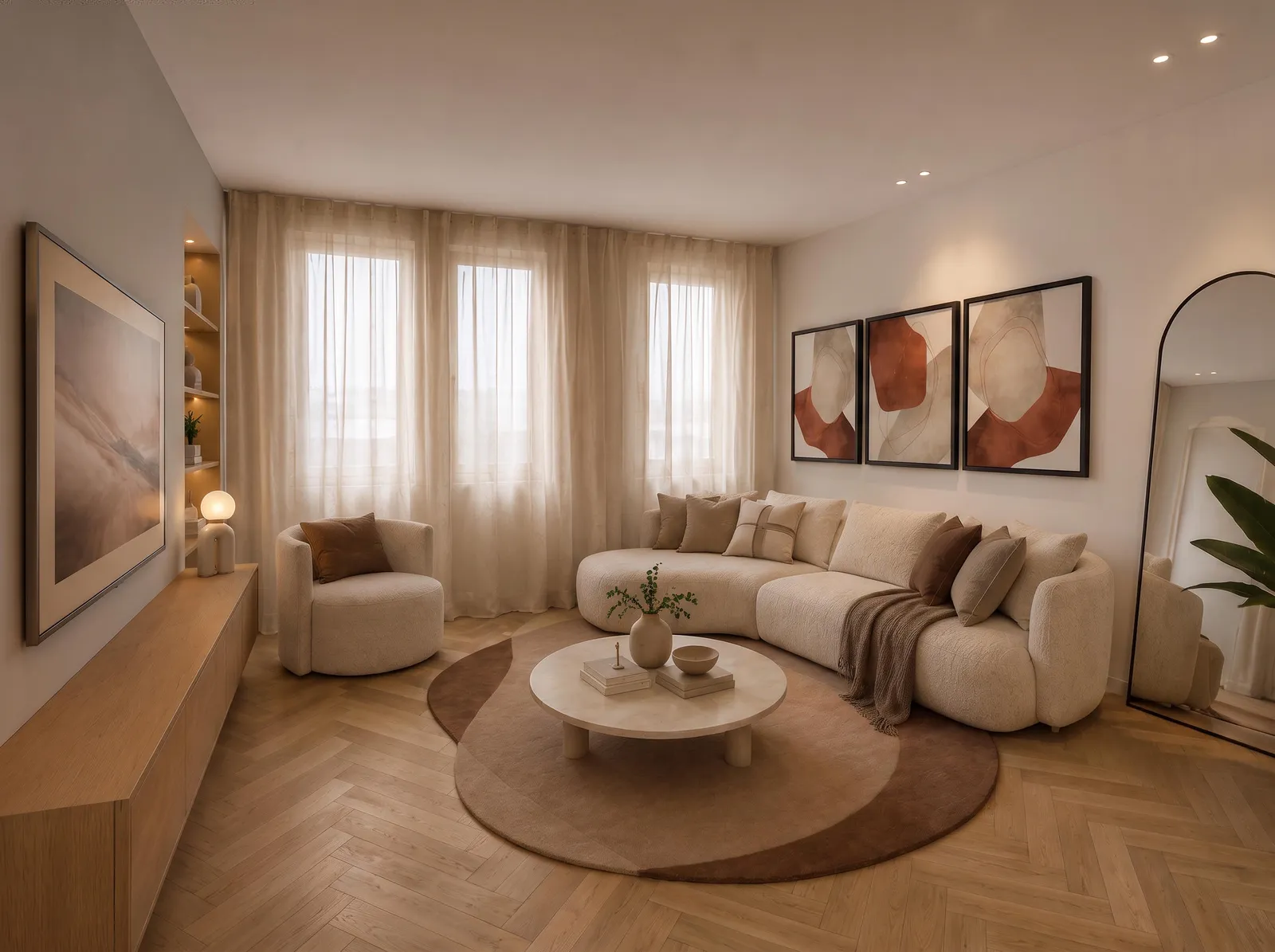 Visualisation 3D – salon du projet Empreinte à Eupen : canapé courbe crème, parquet en chevrons et meuble TV sur mesure en bois clair