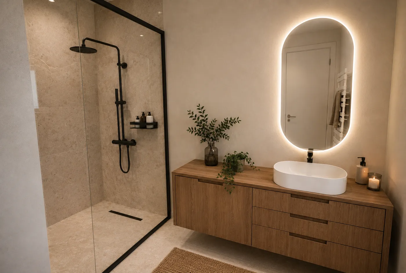 Visualisation 3D – salle de bain : douche à l’italienne cadre noir, meuble vasque suspendu en bois et miroir rétroéclairé